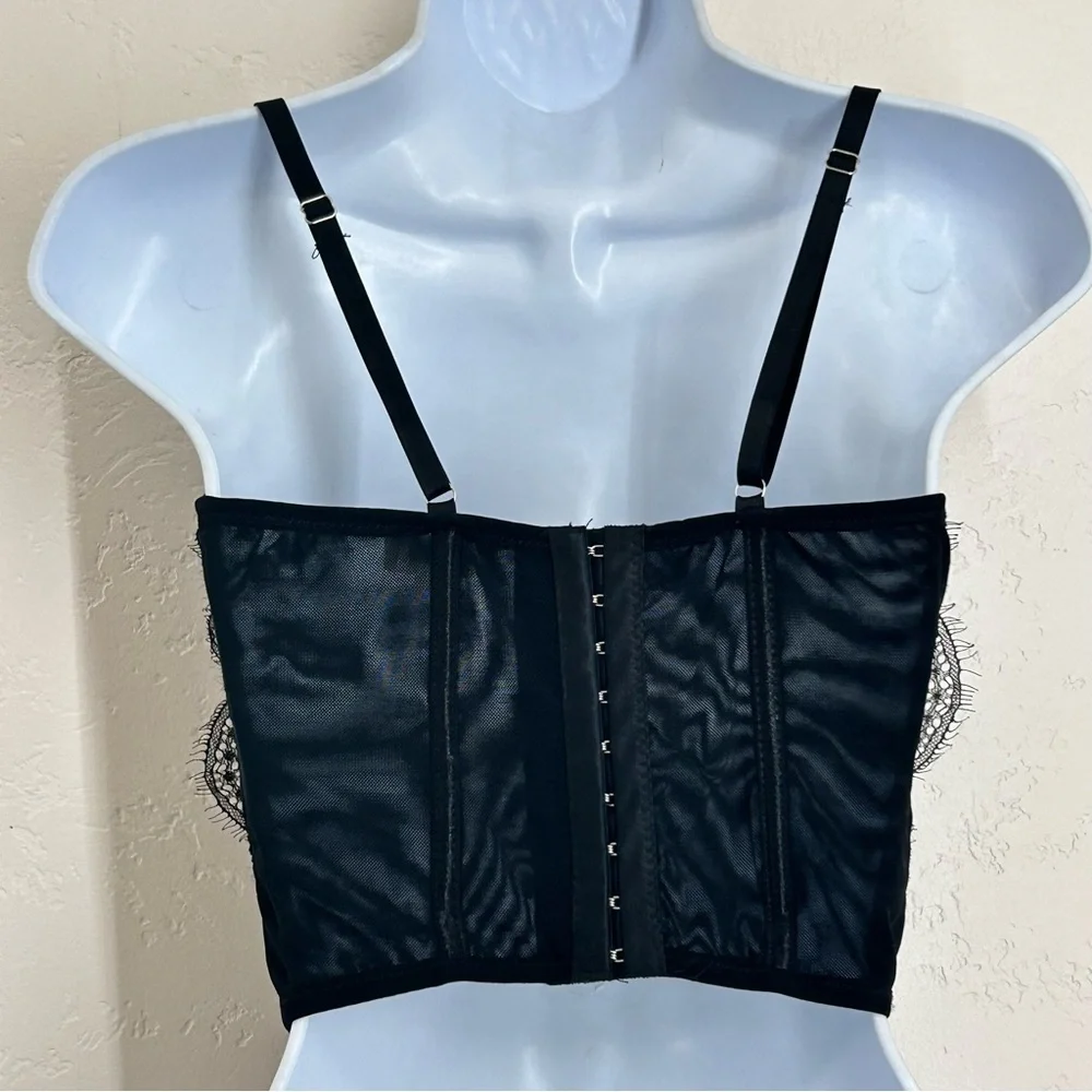 Ryan Destiny Whimsigoth Corset Top Black Size L Eyelash Lace Trim Mesh